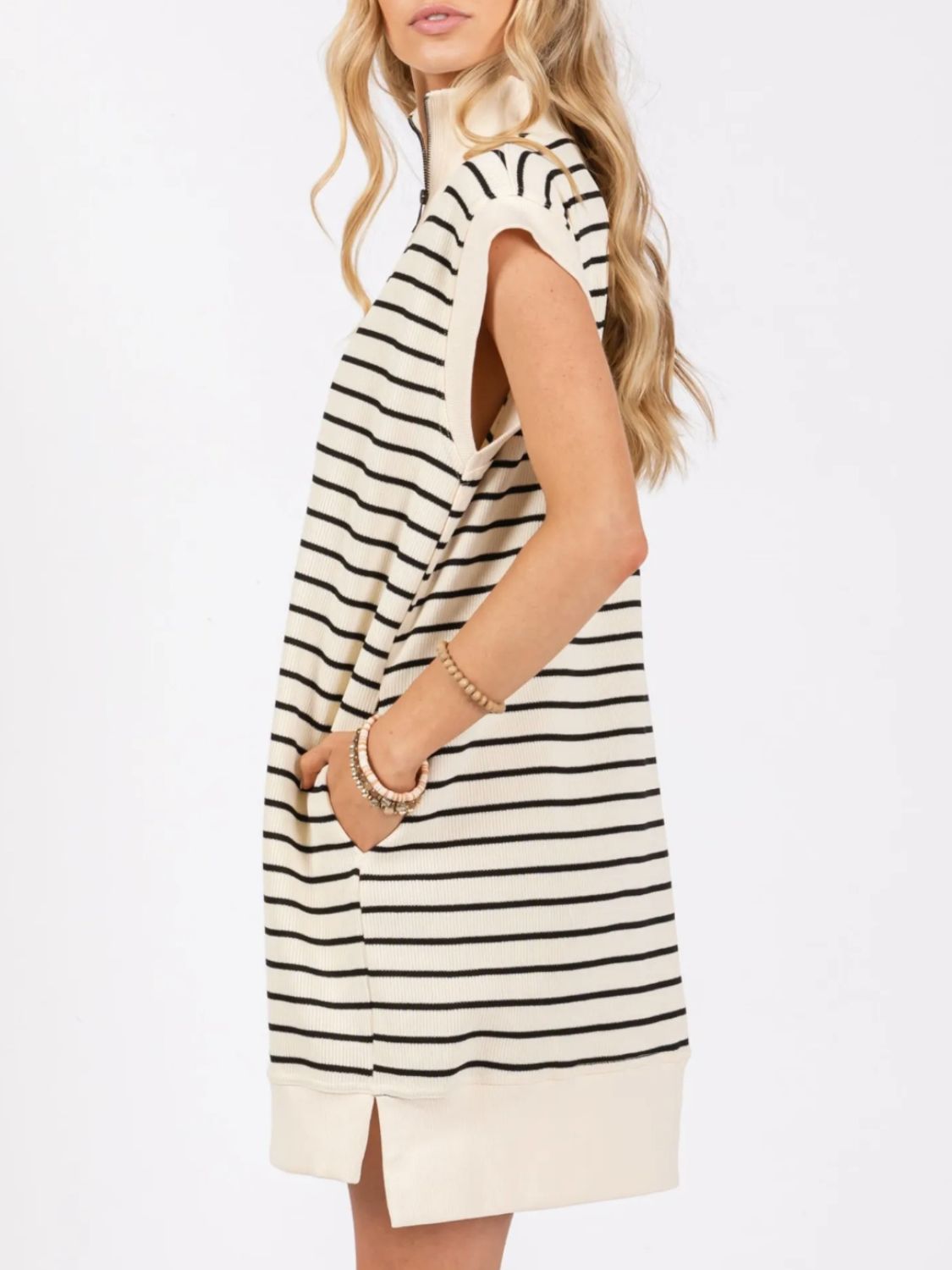 Blue Zone Planet | Full Size Pocketed Striped Quarter Zip Cap Sleeve Dress-TOPS / DRESSES-[Adult]-[Female]-2022 Online Blue Zone Planet