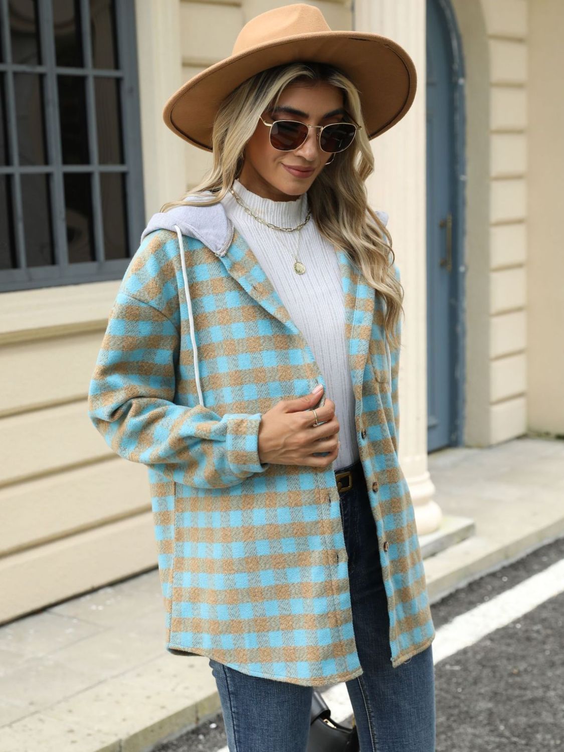 Drawstring Plaid Long Sleeve Hooded Jacket-TOPS / DRESSES-[Adult]-[Female]-2022 Online Blue Zone Planet