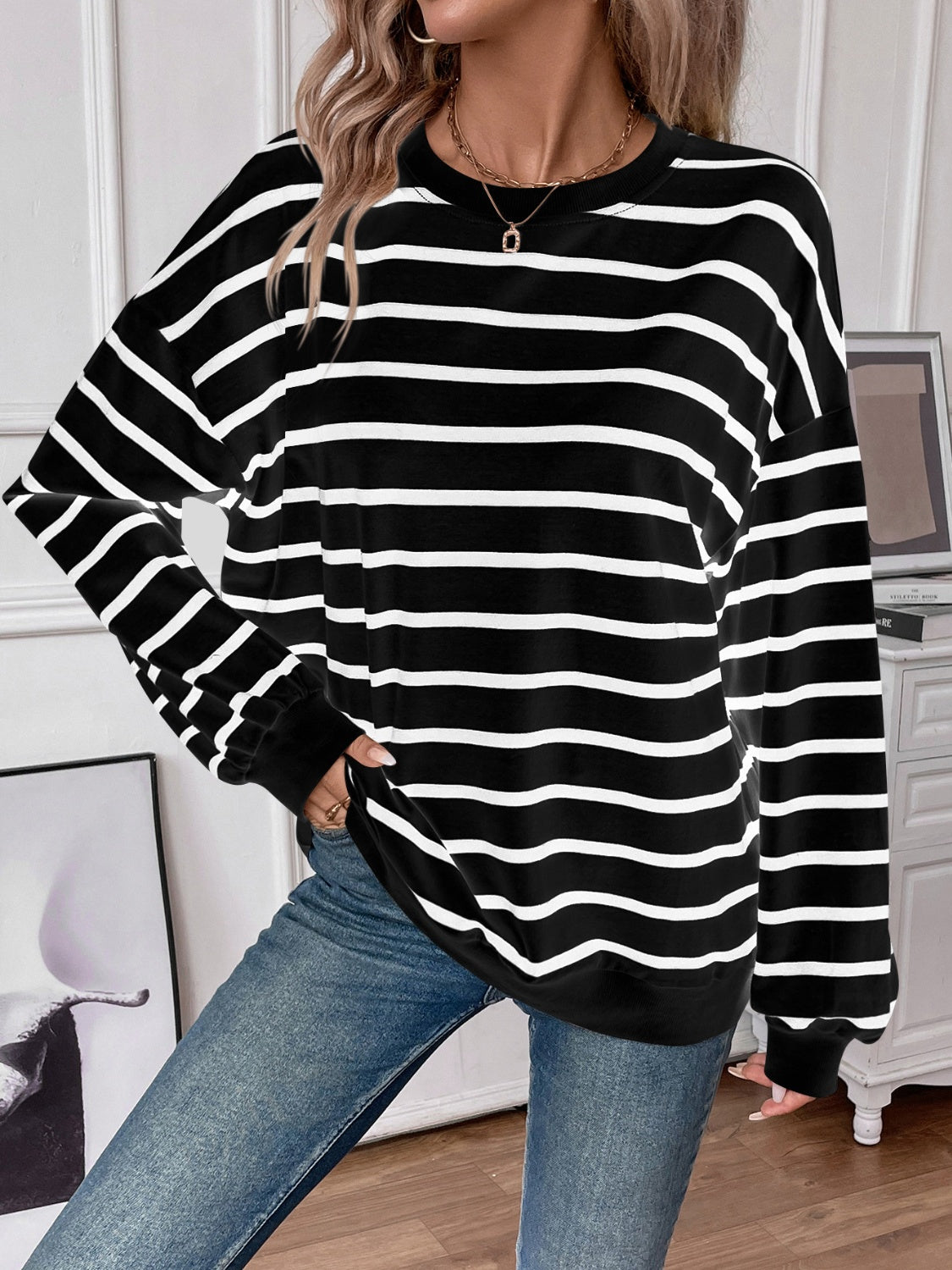 Blue Zone Planet | Lovelet Striped Round Neck Long Sleeve Sweatshirt-TOPS / DRESSES-[Adult]-[Female]-Black-S-2022 Online Blue Zone Planet