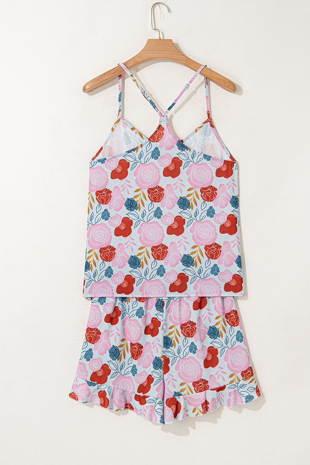 Multicolour Floral V Neck Cami Top And Ruffled Shorts Lounge Set-Loungewear & Sleepwear/Loungewear-[Adult]-[Female]-2022 Online Blue Zone Planet