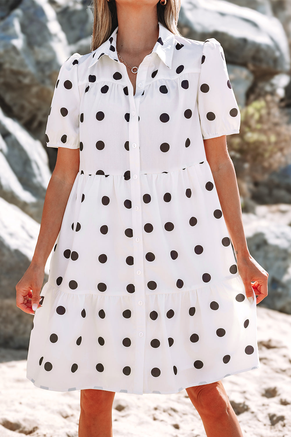 White Polka Dot Print Short Sleeve Collar Buttoned Tiered Babydoll Dress-TOPS / DRESSES-[Adult]-[Female]-2022 Online Blue Zone Planet