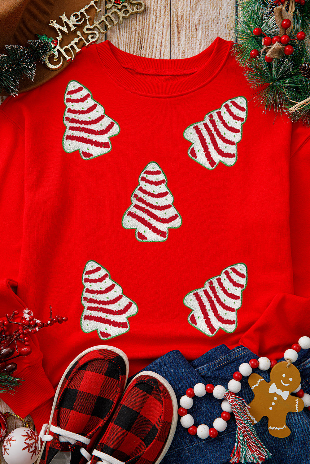 Red Playful Christmas Tree Patch Application Dropped Shoulder Sweatshirt-Graphic Sweatshirts-[Adult]-[Female]-2022 Online Blue Zone Planet