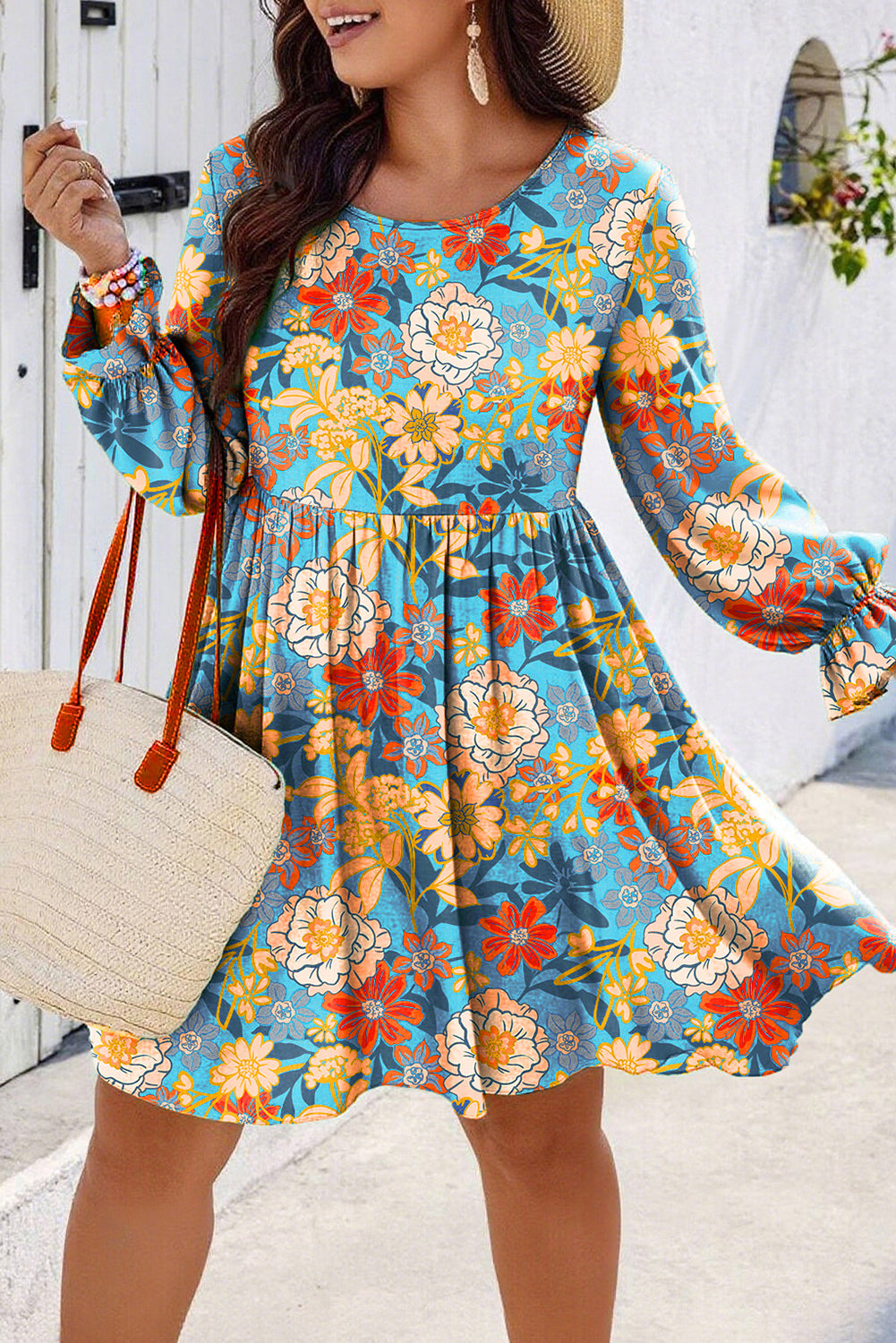 Blue Plus Size Floral Ruffled Long Sleeve Flowy Mini Dress-Plus Size/Plus Size Dresses/Plus Size Mini Dresses-[Adult]-[Female]-Blue-1X-2022 Online Blue Zone Planet