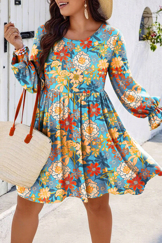 Blue Plus Size Floral Ruffled Long Sleeve Flowy Mini Dress-Plus Size/Plus Size Dresses/Plus Size Mini Dresses-[Adult]-[Female]-Blue-1X-2022 Online Blue Zone Planet