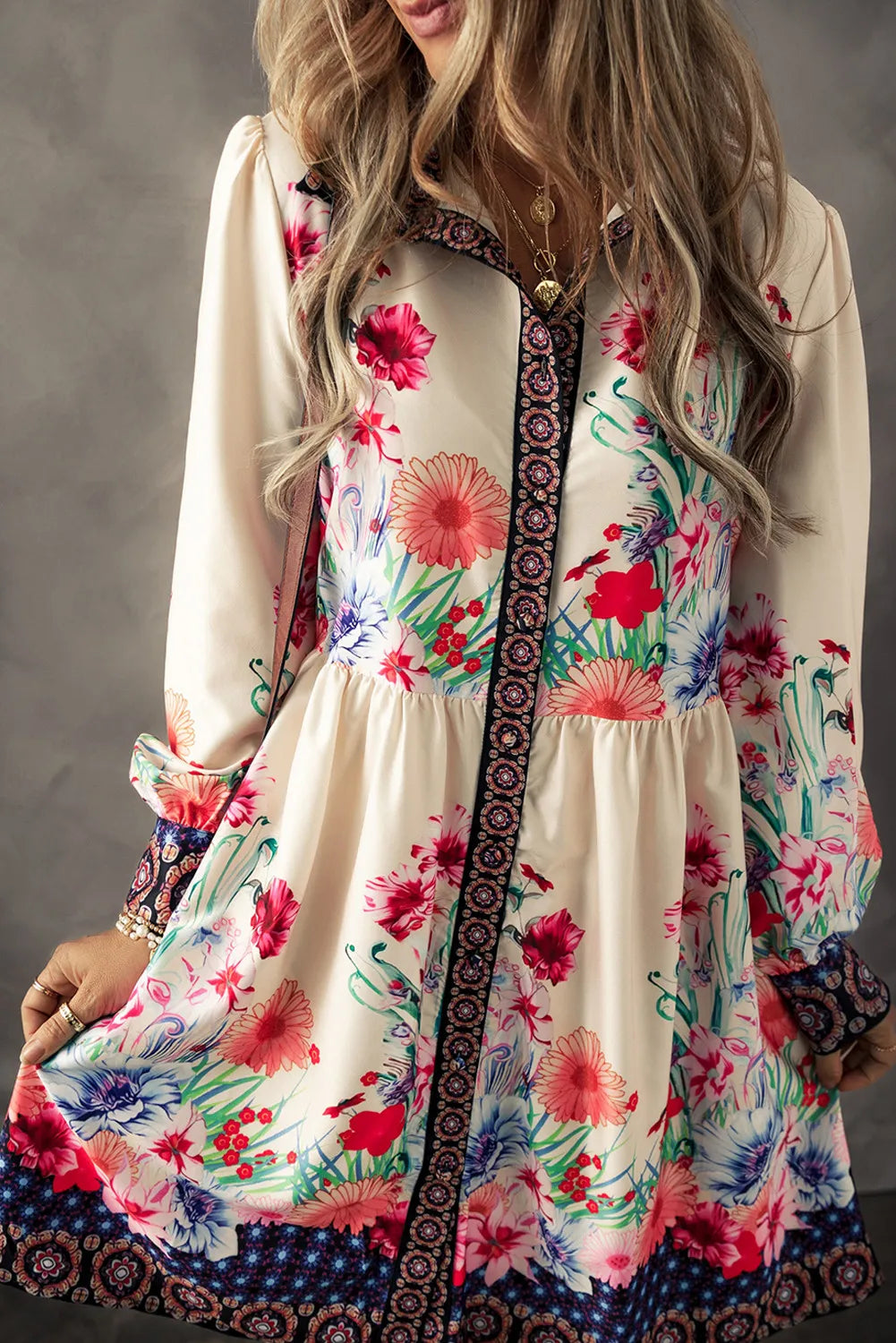 Flower Button Down Lantern Sleeve Dress-TOPS / DRESSES-[Adult]-[Female]-Ivory-S-2022 Online Blue Zone Planet