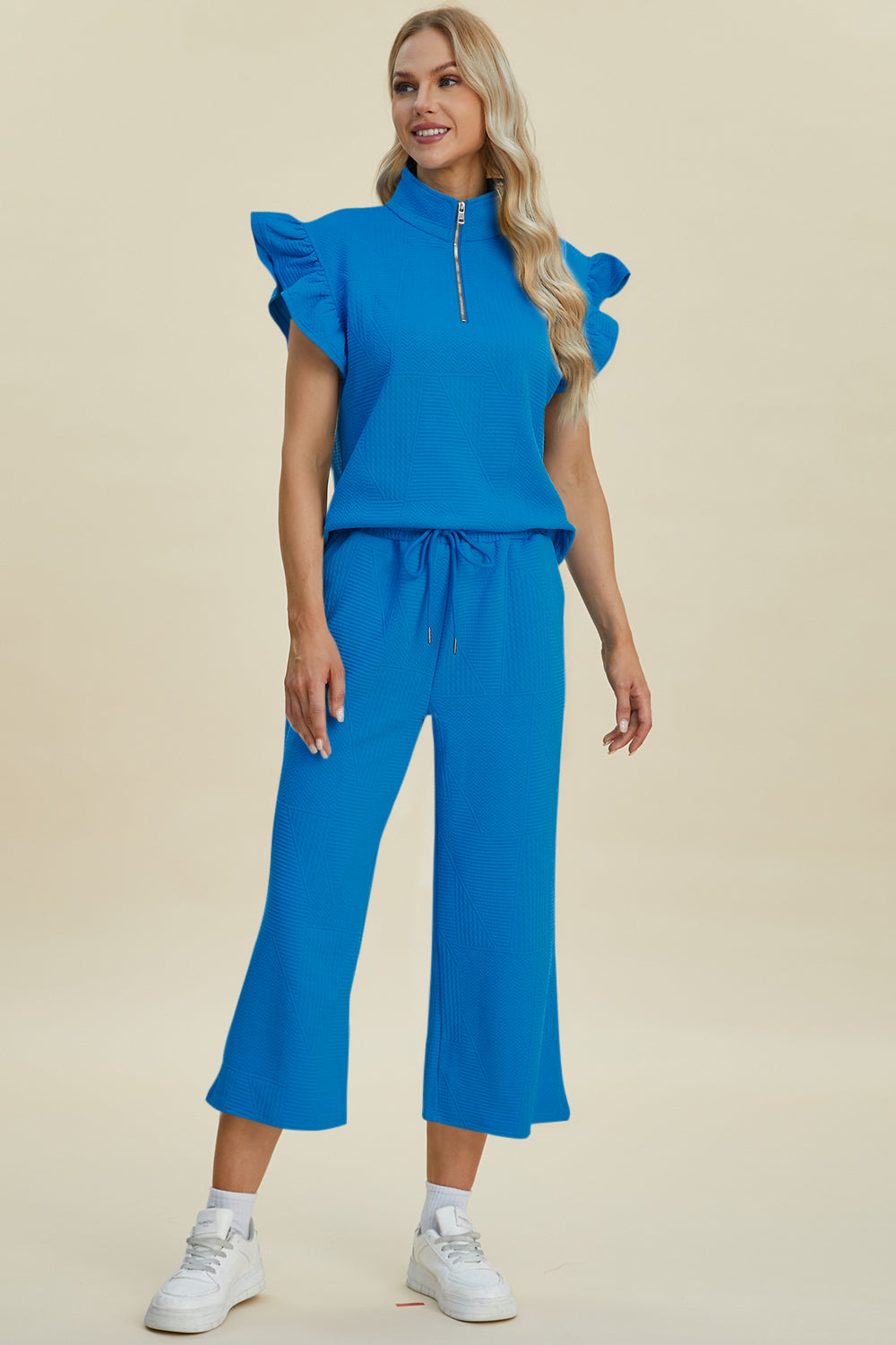 Double Take Full Size Texture Ruffle Short Sleeve Top and Wide Leg Pants Set-TOPS / DRESSES-[Adult]-[Female]-2022 Online Blue Zone Planet