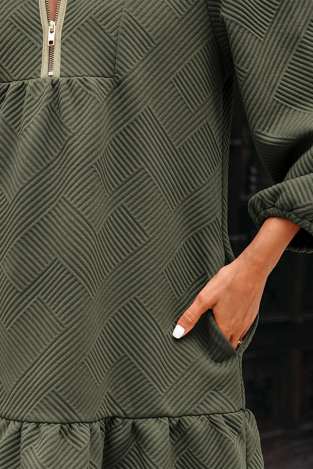 Jungle Green Quarter Zip Collar Bracelet Sleeve Textured Mini Dress-TOPS / DRESSES-[Adult]-[Female]-2022 Online Blue Zone Planet