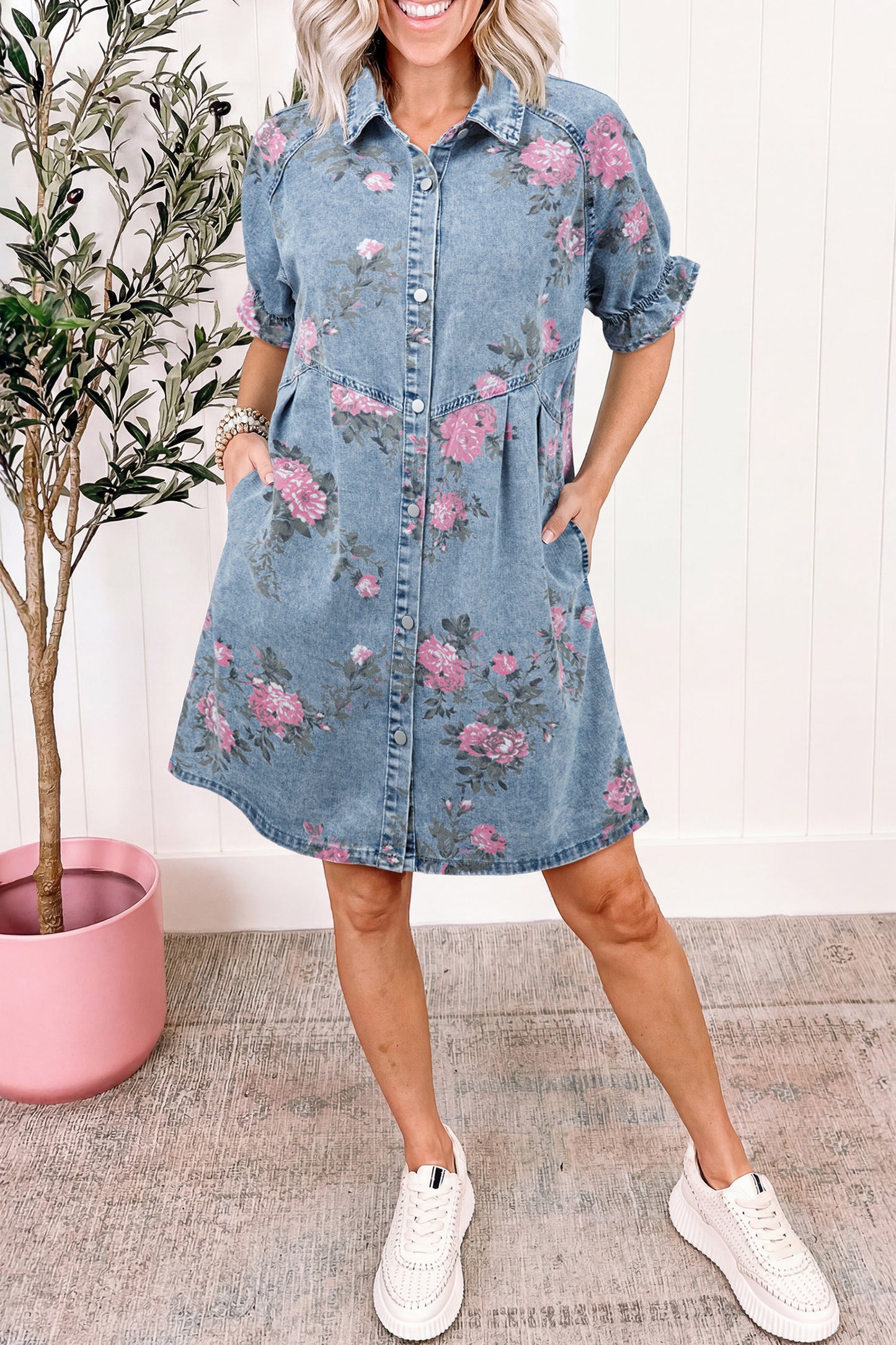 Sky Blue Floral Print Denim Short Sleeve Button Down Dress-Dresses/Mini Dresses-[Adult]-[Female]-2022 Online Blue Zone Planet