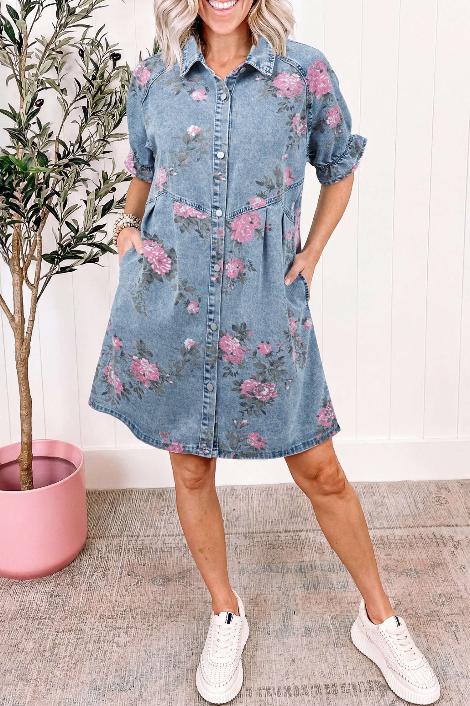Sky Blue Floral Print Denim Short Sleeve Button Down Dress-Dresses/Mini Dresses-[Adult]-[Female]-2022 Online Blue Zone Planet