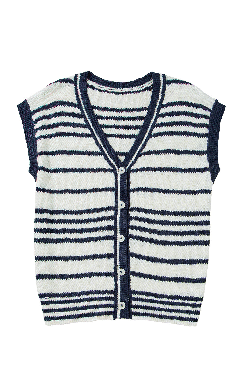 Blue Stripe Loose Buttoned V Neck Sweater Vest-Sweaters & Cardigans/Sweater Vests-[Adult]-[Female]-2022 Online Blue Zone Planet