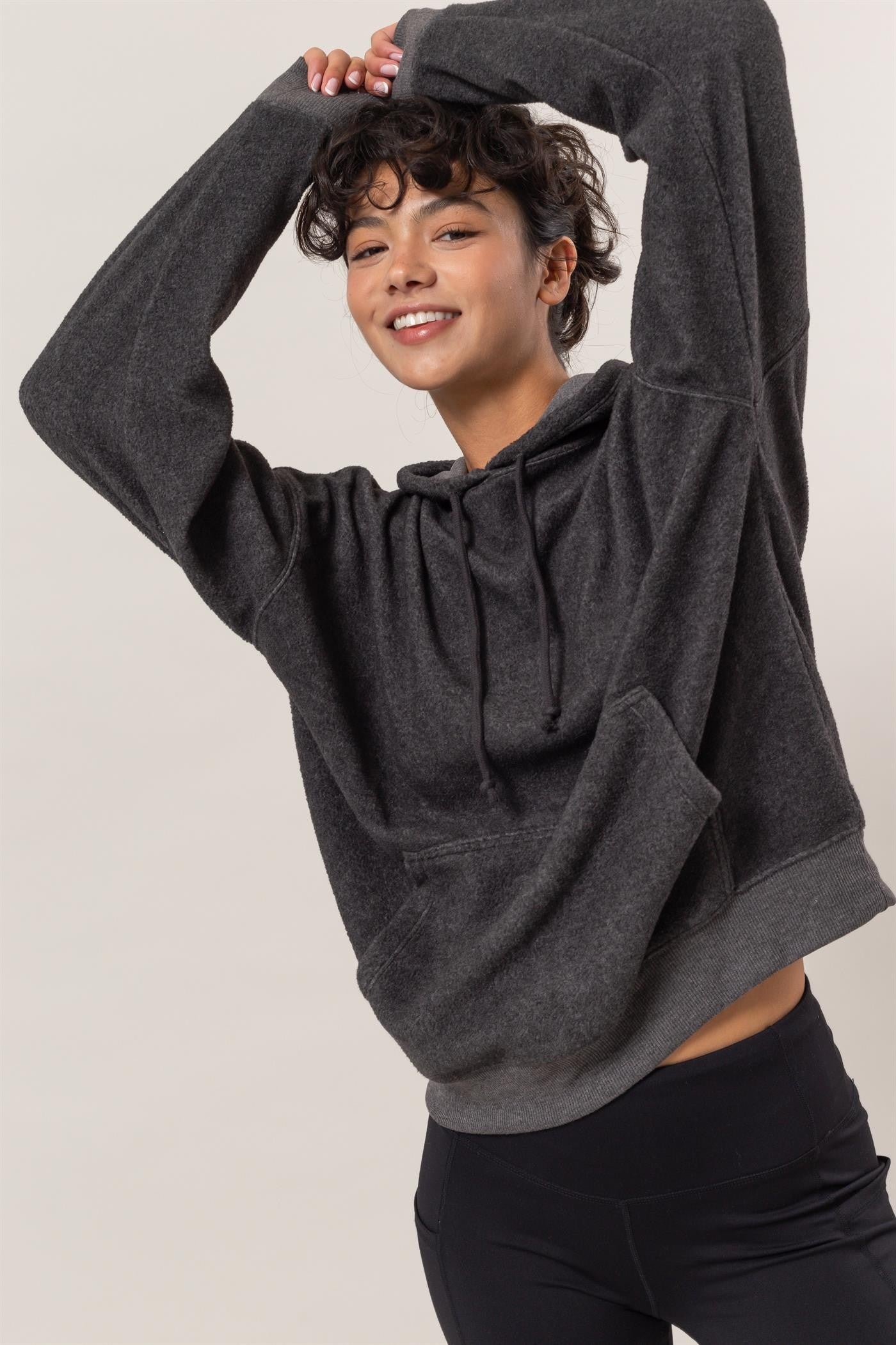 HYFVE Brushed Long Sleeve Hoodie with Kangaroo Pocket-TOPS / DRESSES-[Adult]-[Female]-Charcoal-S-2022 Online Blue Zone Planet