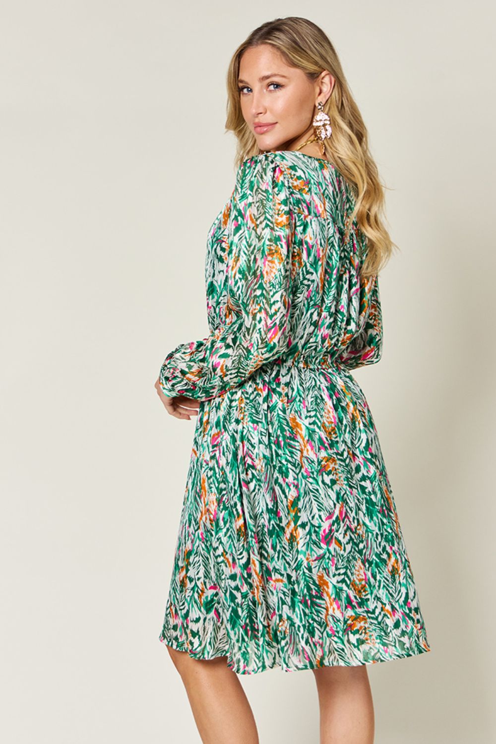 Double Take Full Size Printed Drawstring Waist Long Sleeve Dress-TOPS / DRESSES-[Adult]-[Female]-2022 Online Blue Zone Planet