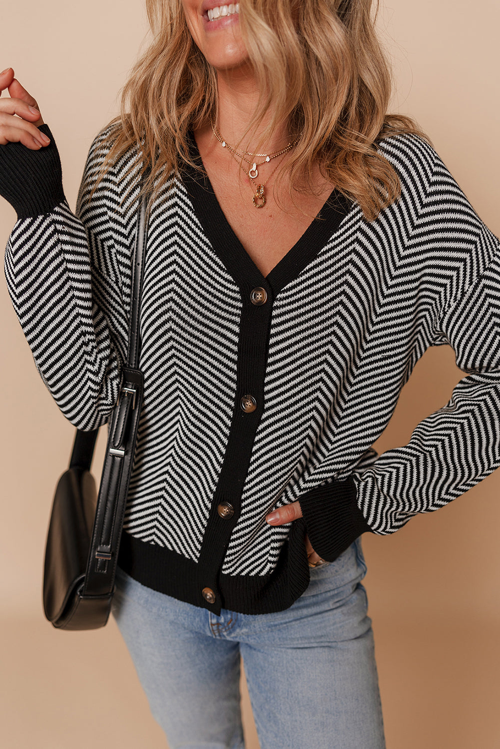 Black Stripe Buttoned Front V Neck Herringbone Cardigan-Sweaters & Cardigans/Cardigans-[Adult]-[Female]-2022 Online Blue Zone Planet