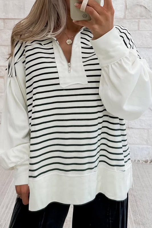 White Stripe Color Block Long Puff Sleeve Metal Zip-Up Collar Top-Tops/Long Sleeve Tops-[Adult]-[Female]-2022 Online Blue Zone Planet