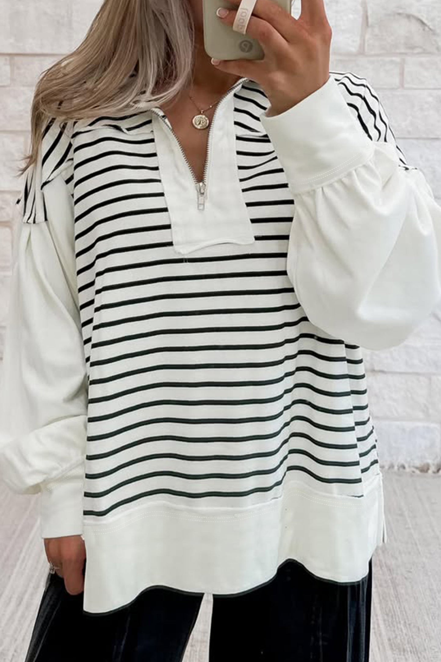 White Stripe Color Block Long Puff Sleeve Metal Zip-Up Collar Top-Tops/Long Sleeve Tops-[Adult]-[Female]-White Stripe-S-2022 Online Blue Zone Planet