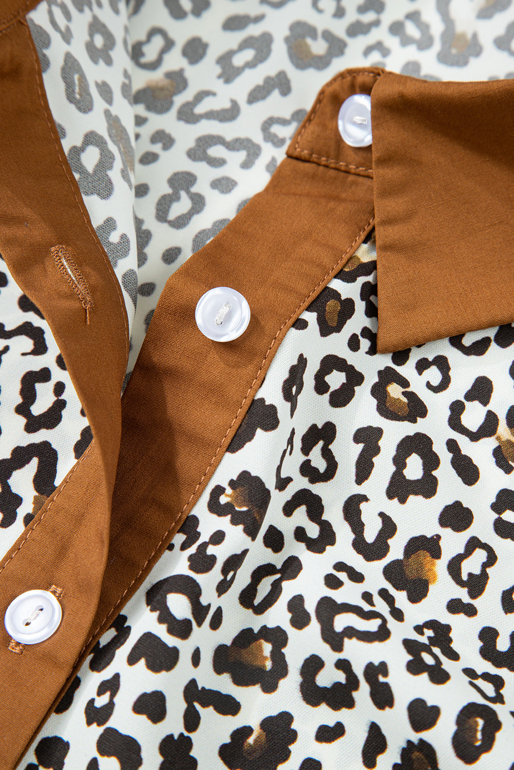 Khaki Plus Size Button V Neck Leopard Print Puff Sleeve Loose Mini Dress-TOPS / DRESSES-[Adult]-[Female]-2022 Online Blue Zone Planet