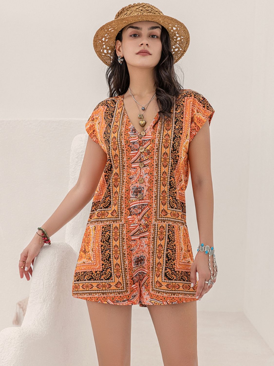 Printed V-Neck Cap Sleeve Romper-TOPS / DRESSES-[Adult]-[Female]-2022 Online Blue Zone Planet