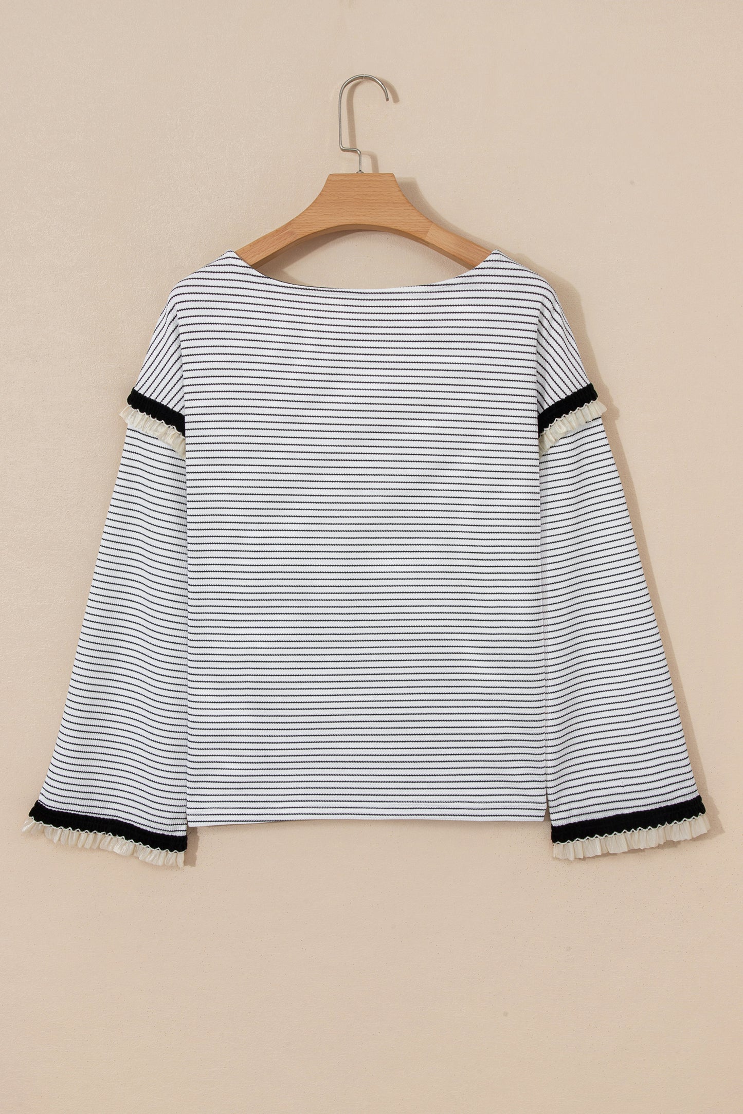 White Stripe Contrasted Ruffle Trim Loose Long Sleeve Top-Tops/Long Sleeve Tops-[Adult]-[Female]-2022 Online Blue Zone Planet