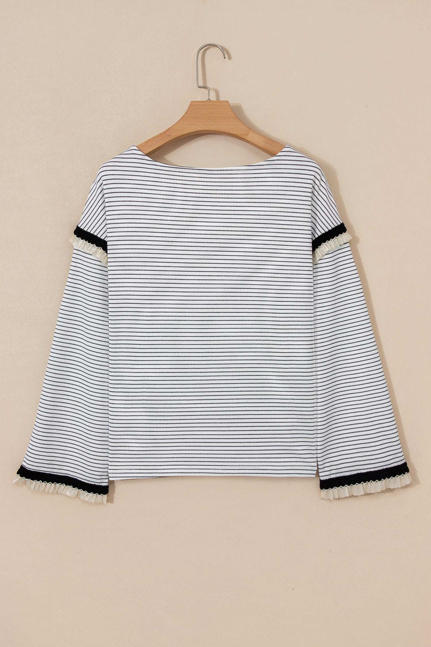White Stripe Contrasted Ruffle Trim Loose Long Sleeve Top-Tops/Long Sleeve Tops-[Adult]-[Female]-2022 Online Blue Zone Planet