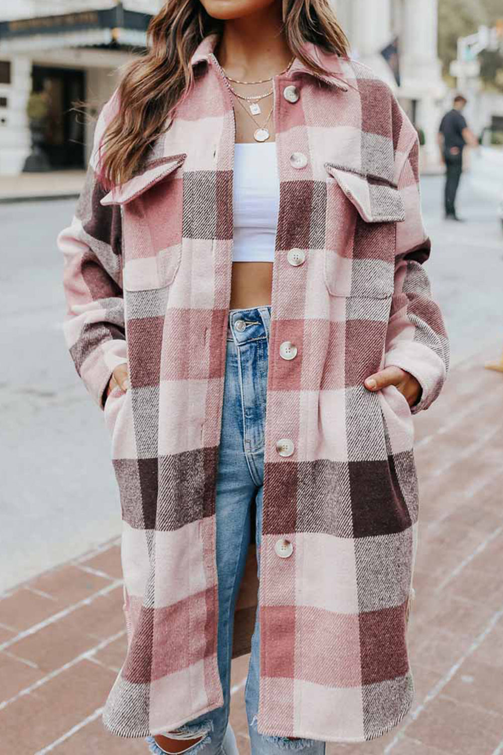 Blue Zone Planet | Plaid Button Up Dropped Shoulder Coat-TOPS / DRESSES-[Adult]-[Female]-Dusty Pink-S-2022 Online Blue Zone Planet