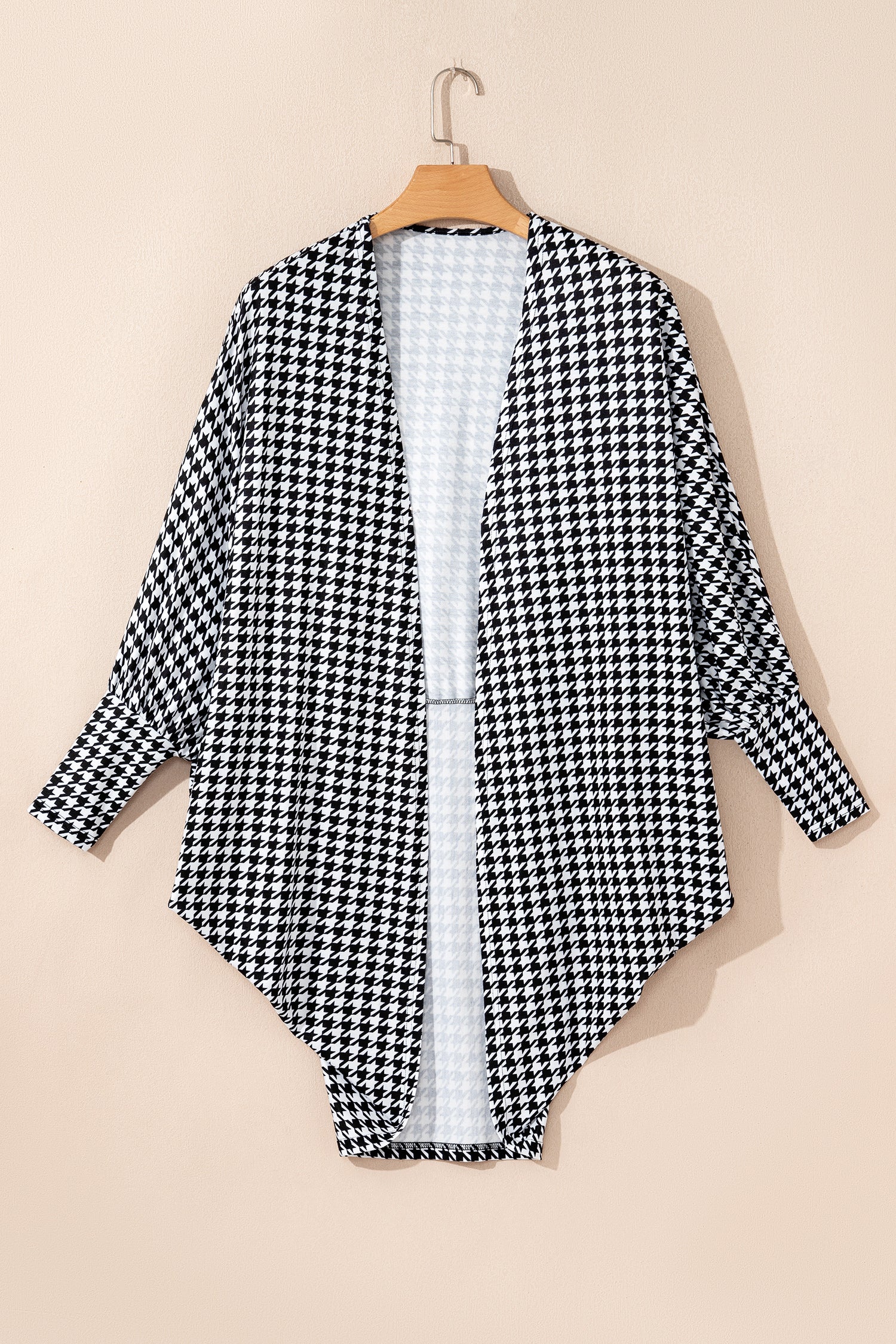 Black Houndstooth Print Open Front Long Dolman Kimonos-Outerwear/Kimonos-[Adult]-[Female]-2022 Online Blue Zone Planet