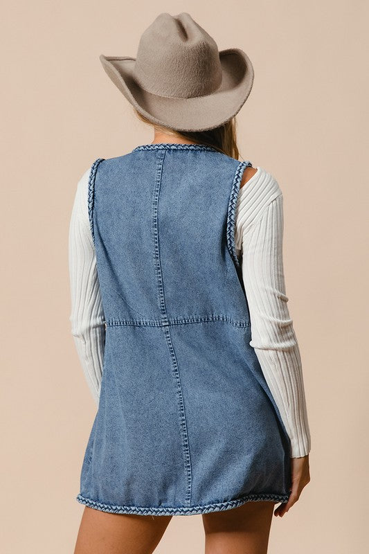 Blue Zone Planet | BiBi Braided Trim Open Front Denim Vest with Pockets-TOPS / DRESSES-[Adult]-[Female]-2022 Online Blue Zone Planet