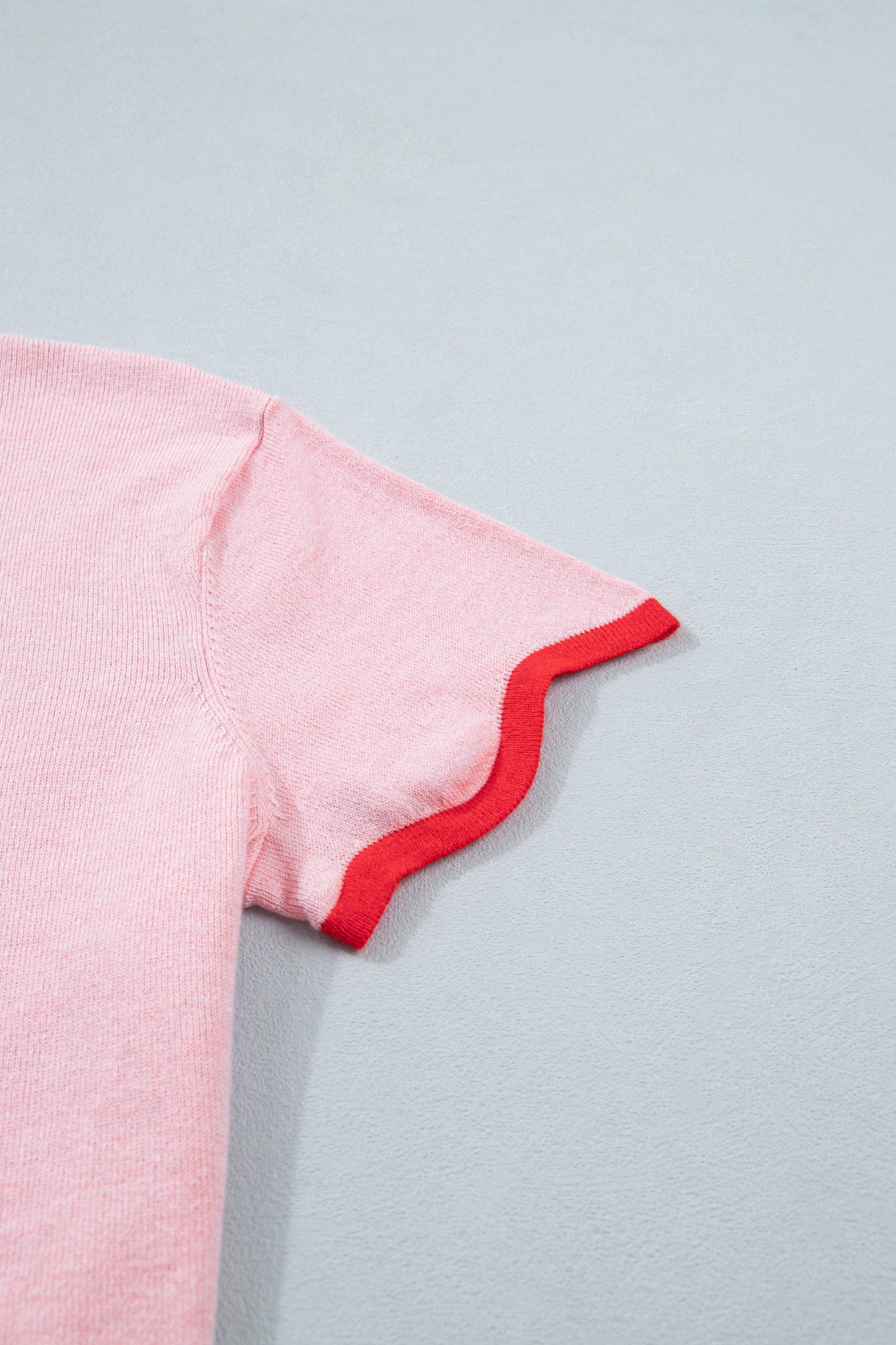 Pink Stand Neck Contrast Wavy Trim Short Sleeve Sweater-Sweaters & Cardigans/Short Sleeve Sweaters-[Adult]-[Female]-2022 Online Blue Zone Planet