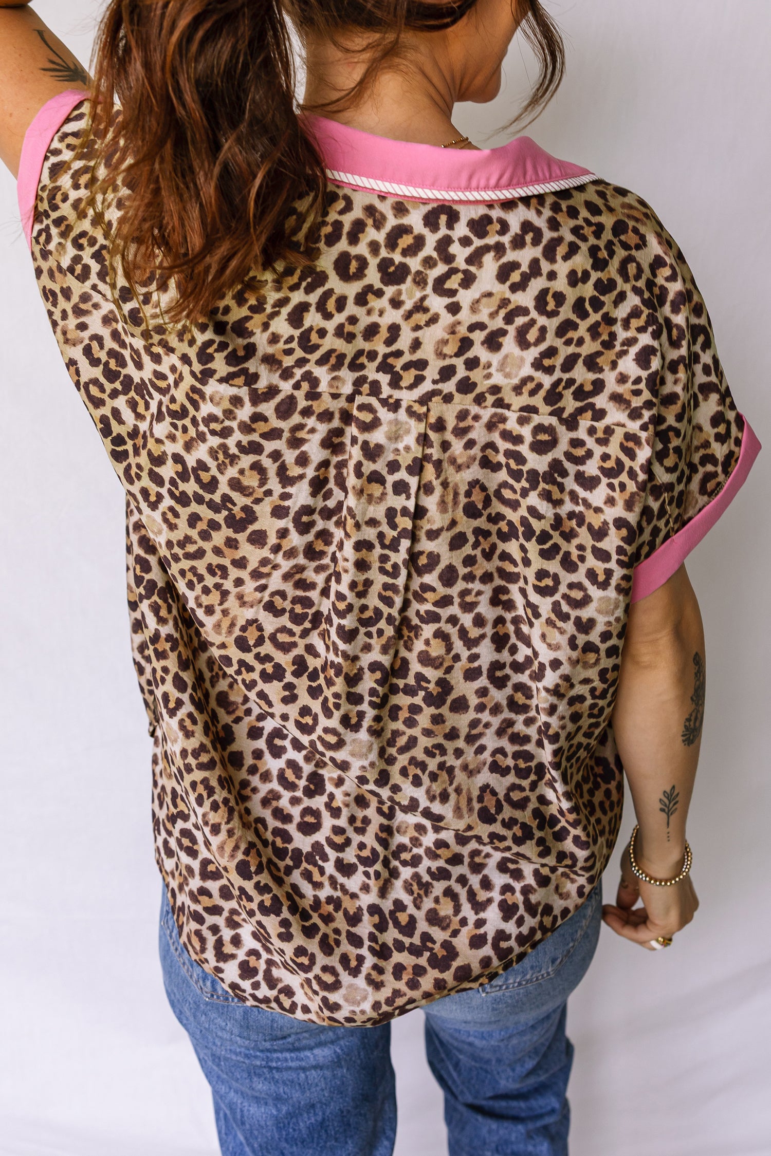 Leopard Print Contrasted Trim Animal Short Sleeve Shirt-Tops/Blouses & Shirts-[Adult]-[Female]-2022 Online Blue Zone Planet