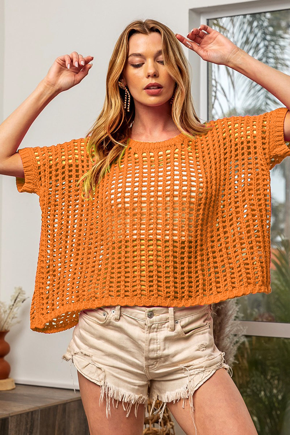 BiBi Hollowed Out Short Sleeve Knit Cover Up-TOPS / DRESSES-[Adult]-[Female]-Orange-S-2022 Online Blue Zone Planet