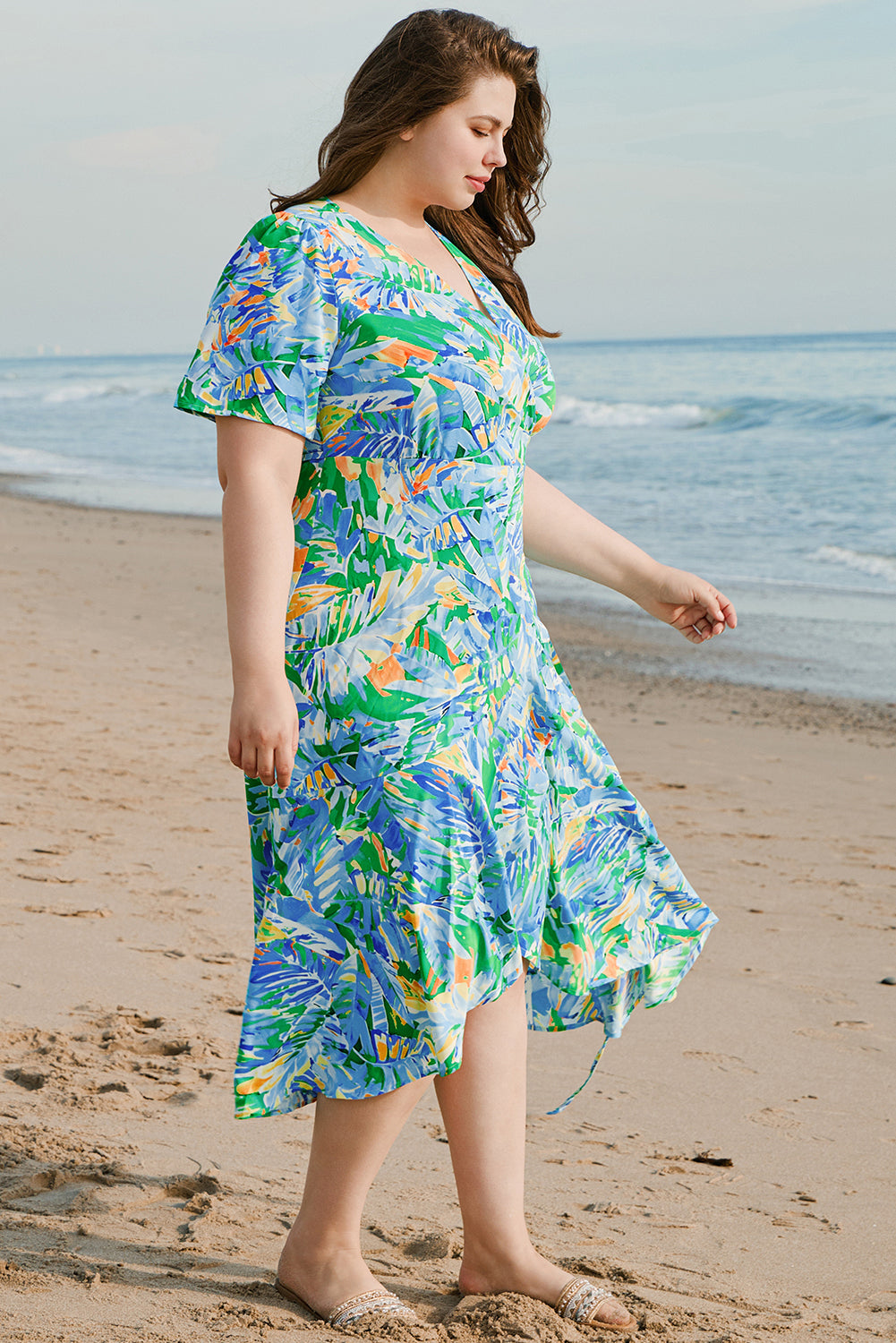 Green Leaves Print Short Sleeve Surplice Neck Ruffled Trim Plus Size Maxi Dress-TOPS / DRESSES-[Adult]-[Female]-2022 Online Blue Zone Planet