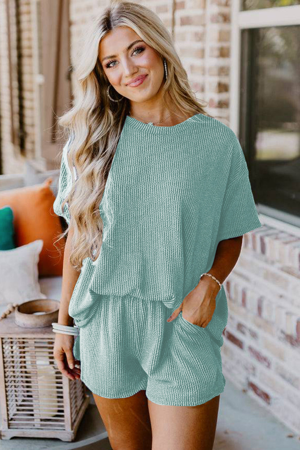 Carbon Grey Ribbed Textured Knit Loose Fit Tee and Shorts Set-Two Piece Sets/Short Sets-[Adult]-[Female]-2022 Online Blue Zone Planet