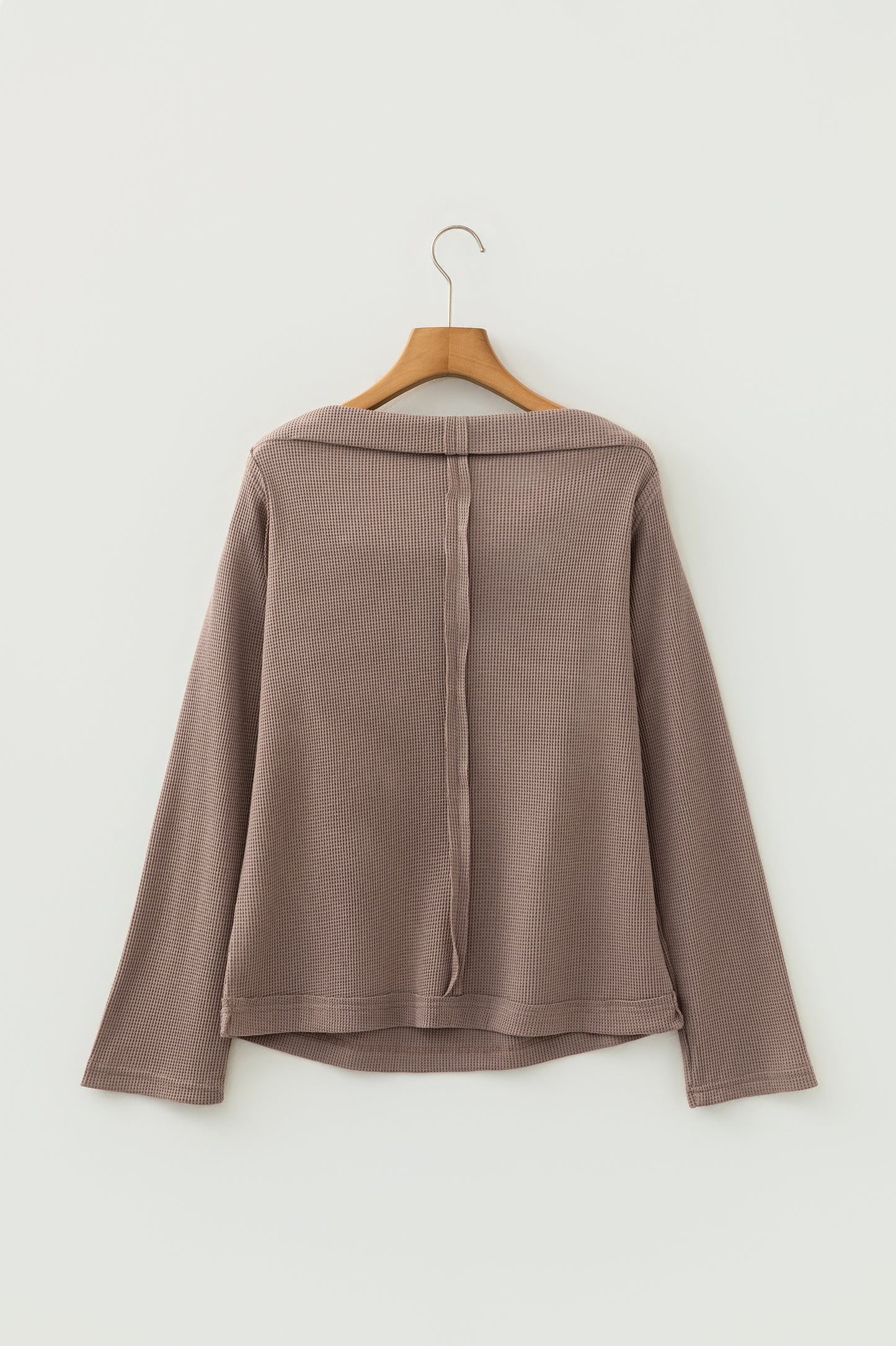 Old Rose Solid Color Waffle Knit Asymmetric Neck Long Sleeve Top-Tops/Long Sleeve Tops-[Adult]-[Female]-2022 Online Blue Zone Planet