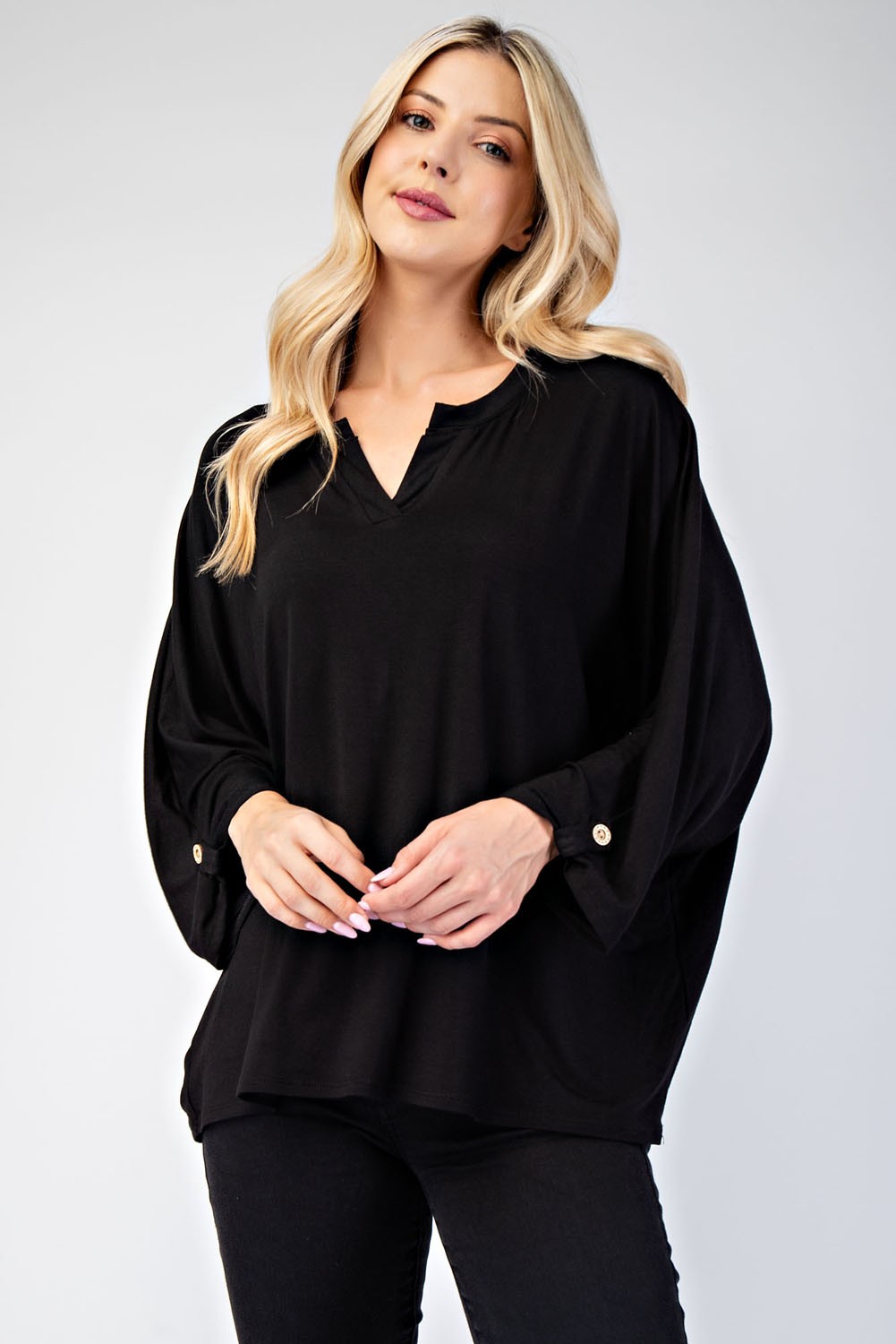 Blue Zone Planet | Celeste Full Size Notched Three-Quarter Sleeve Blouse-TOPS / DRESSES-[Adult]-[Female]-2022 Online Blue Zone Planet