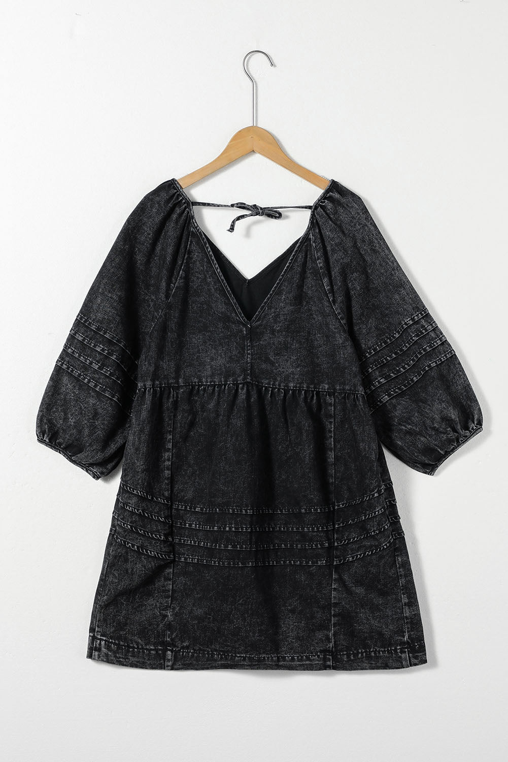 V-Neck Three Quarter Sleeve Denim Dress-TOPS / DRESSES-[Adult]-[Female]-2022 Online Blue Zone Planet