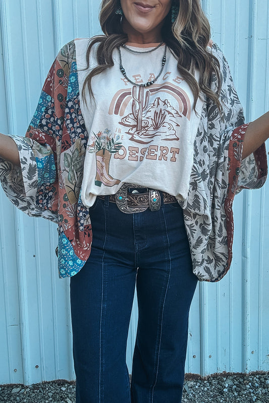 Multicolour Asymmetric Printed Patchwork Sleeve Peace Desert Graphic Top-Graphic/Graphic Long Sleeve Tees-[Adult]-[Female]-Multicolour-S-2022 Online Blue Zone Planet
