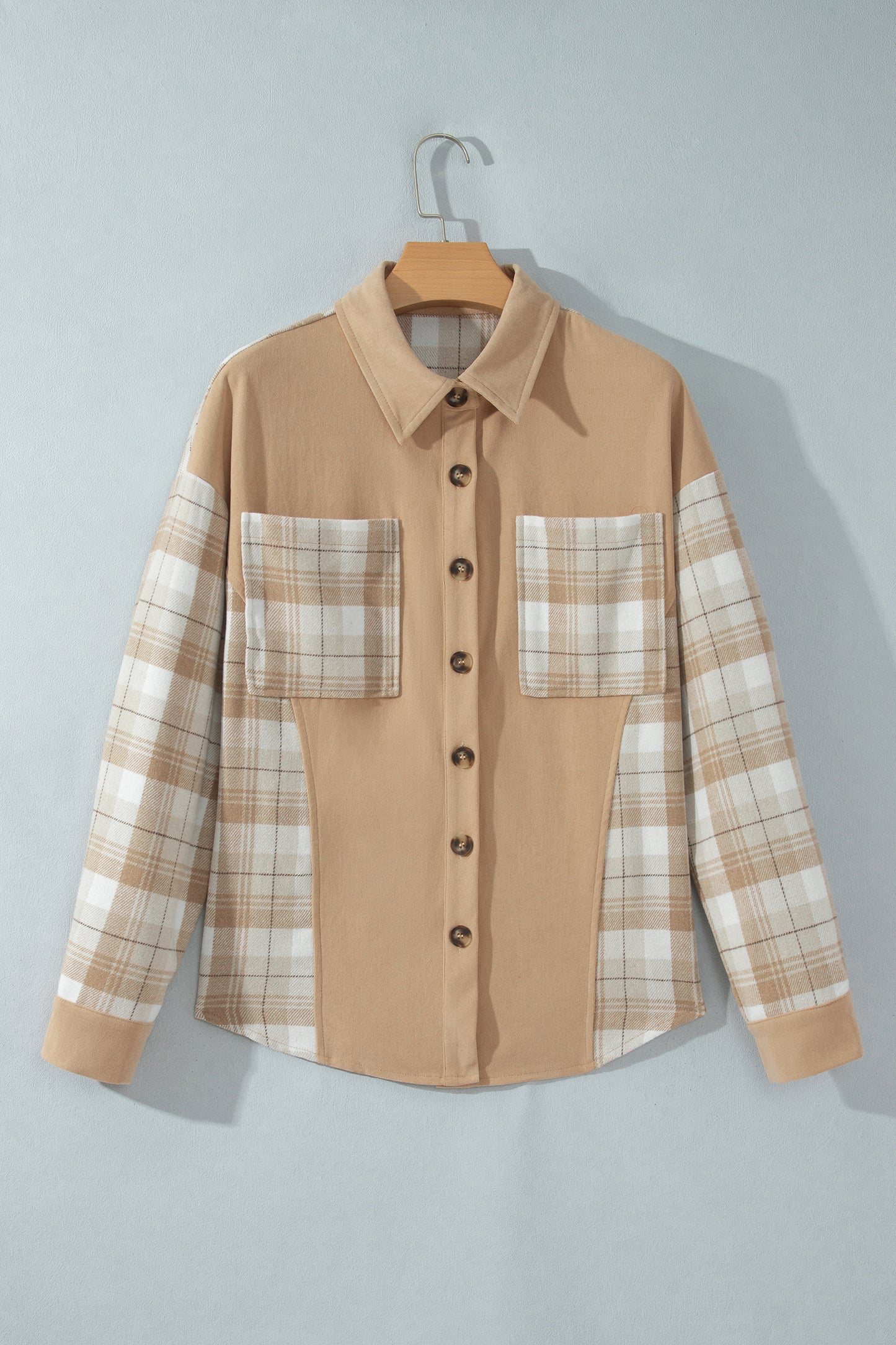 Light French Beige Plaid Colorblock Shirt Collar Shift Shacket-Outerwear/Jackets-[Adult]-[Female]-2022 Online Blue Zone Planet