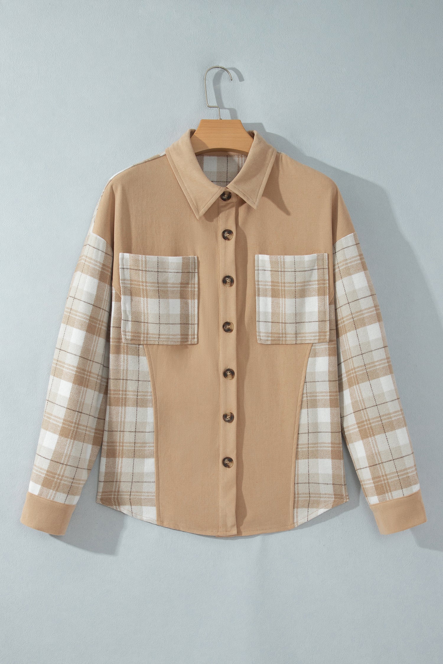 Light French Beige Plaid Colorblock Shirt Collar Shift Shacket-Outerwear/Jackets-[Adult]-[Female]-2022 Online Blue Zone Planet