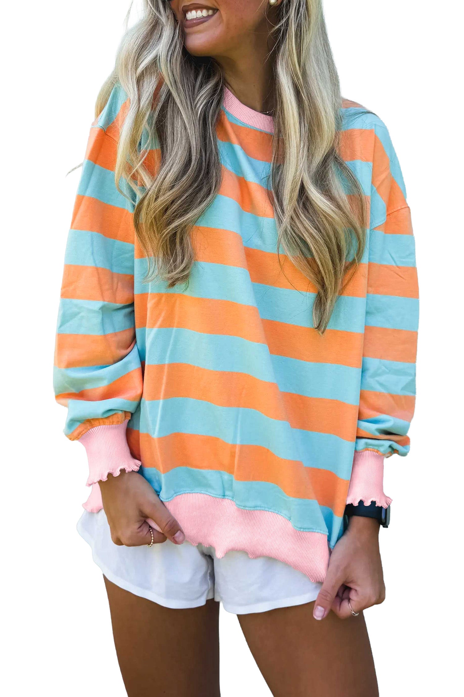 Orange Stripe Ribbed Color Block Trim Round Neck Long Sleeve Shift Top-Tops/Long Sleeve Tops-[Adult]-[Female]-2022 Online Blue Zone Planet