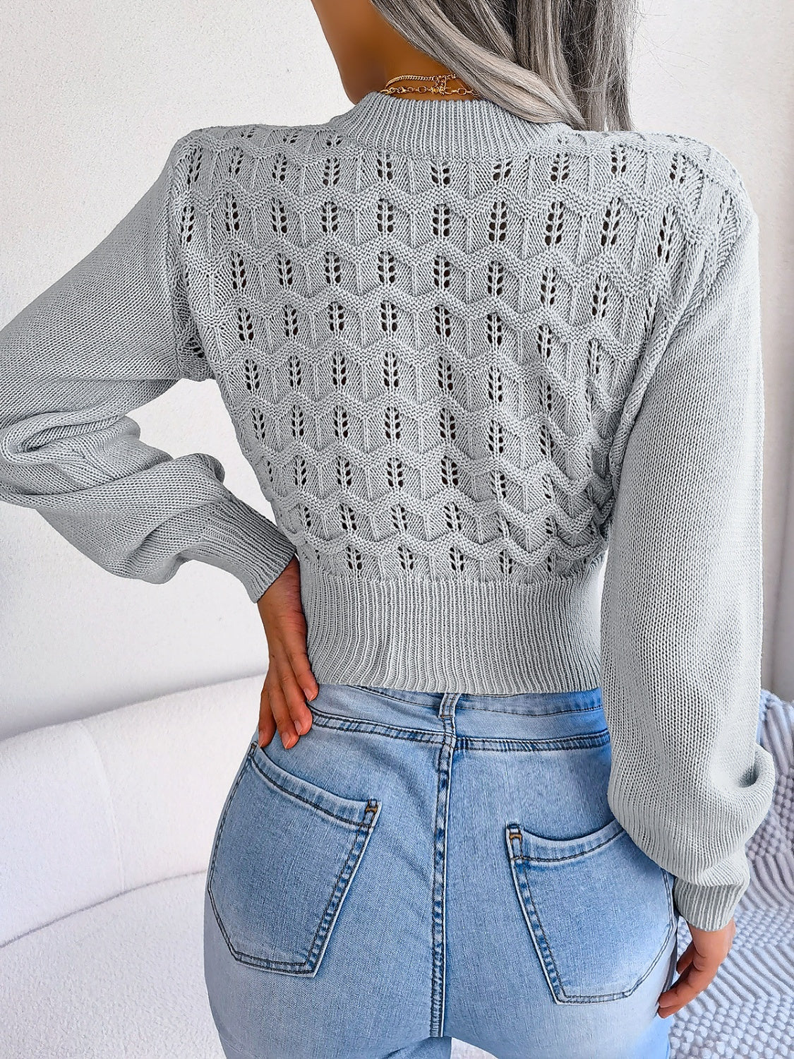 Blue Zone Planet | Openwork Mock Neck Long Sleeve Cropped Sweater-TOPS / DRESSES-[Adult]-[Female]-2022 Online Blue Zone Planet