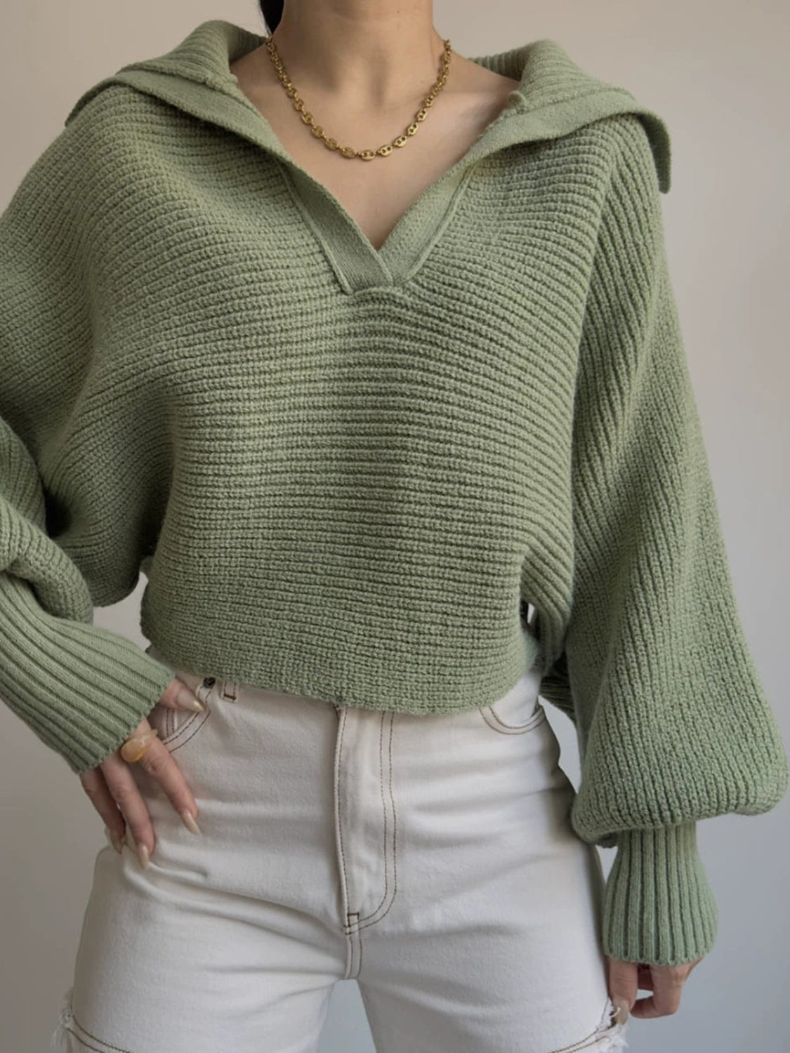 Johnny Collar Long Sleeve Sweater-TOPS / DRESSES-[Adult]-[Female]-Army Green-S-2022 Online Blue Zone Planet