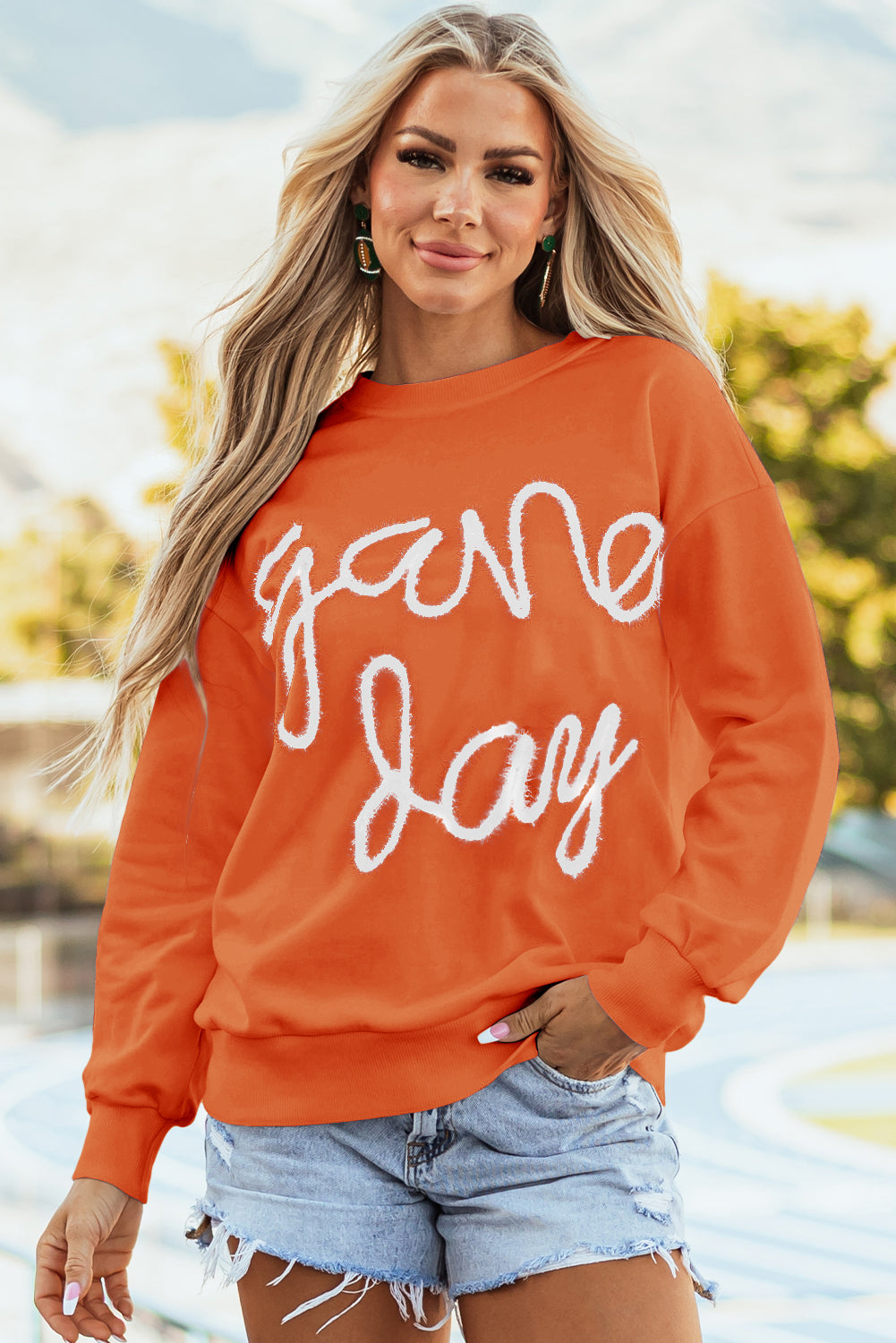 Dark Blue Tinsel Game Day Drop Shoulder Graphic Sweatshirt-Tops/Sweatshirts & Hoodies-[Adult]-[Female]-Russet Orange-S-2022 Online Blue Zone Planet