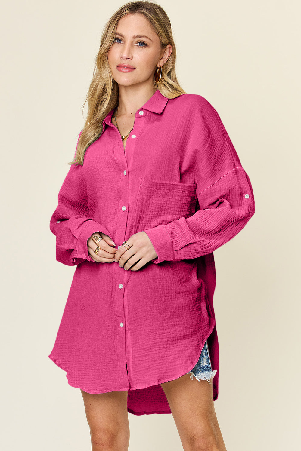 Double Take Full Size Pocketed Texture Button Up Shirt-TOPS / DRESSES-[Adult]-[Female]-2022 Online Blue Zone Planet