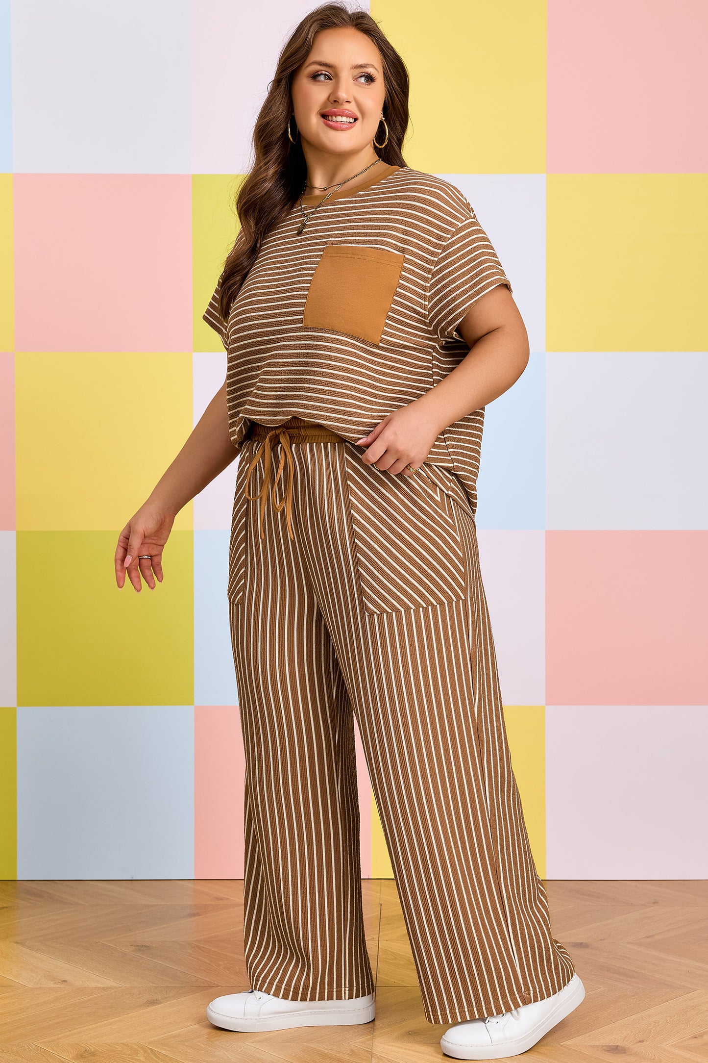 Khaki Stripe Plus Size Striped Colorblock Pocket Lounge Set-Plus Size/Plus Size Loungewear-[Adult]-[Female]-2022 Online Blue Zone Planet