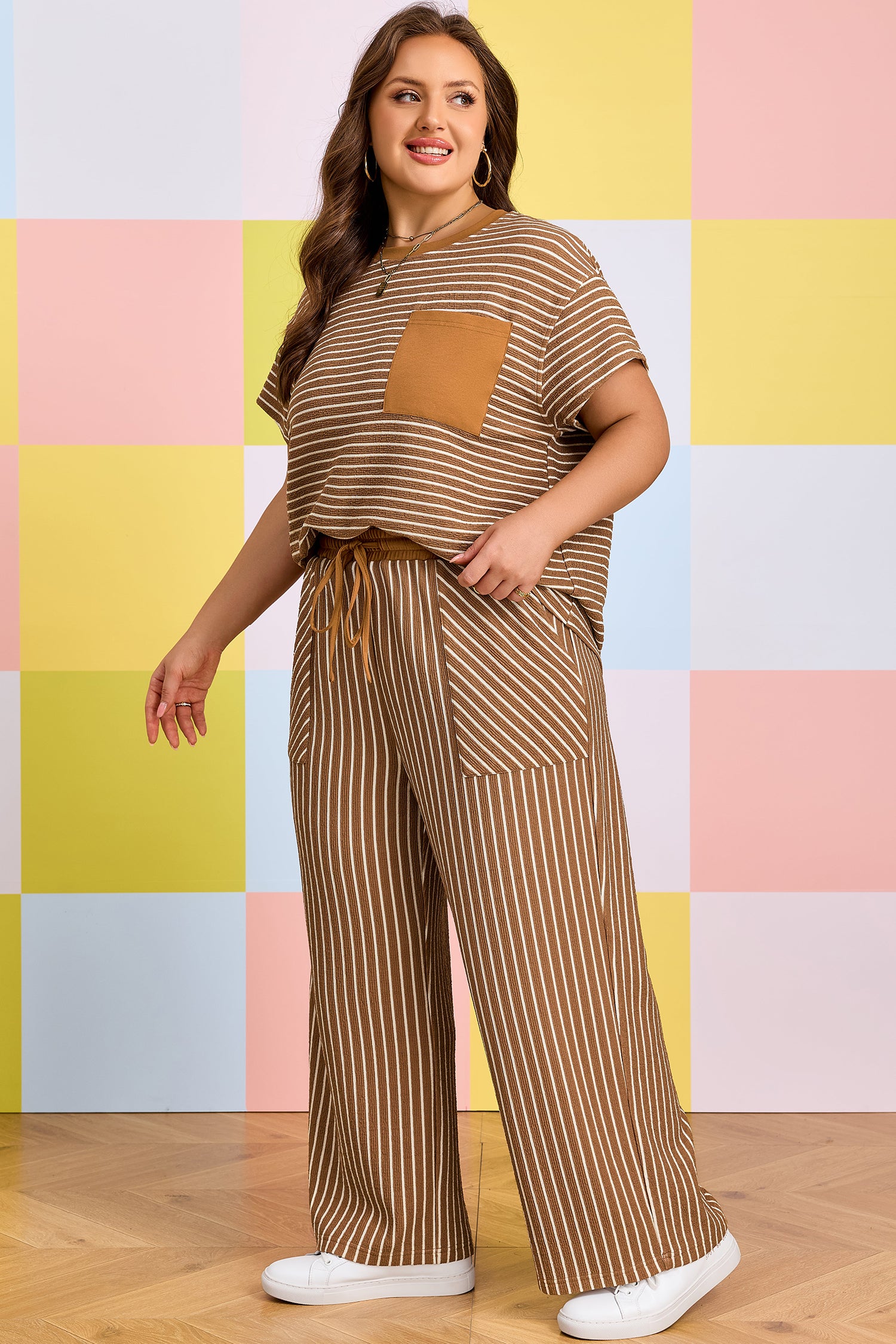 Khaki Stripe Plus Size Striped Colorblock Pocket Lounge Set-Plus Size/Plus Size Loungewear-[Adult]-[Female]-2022 Online Blue Zone Planet