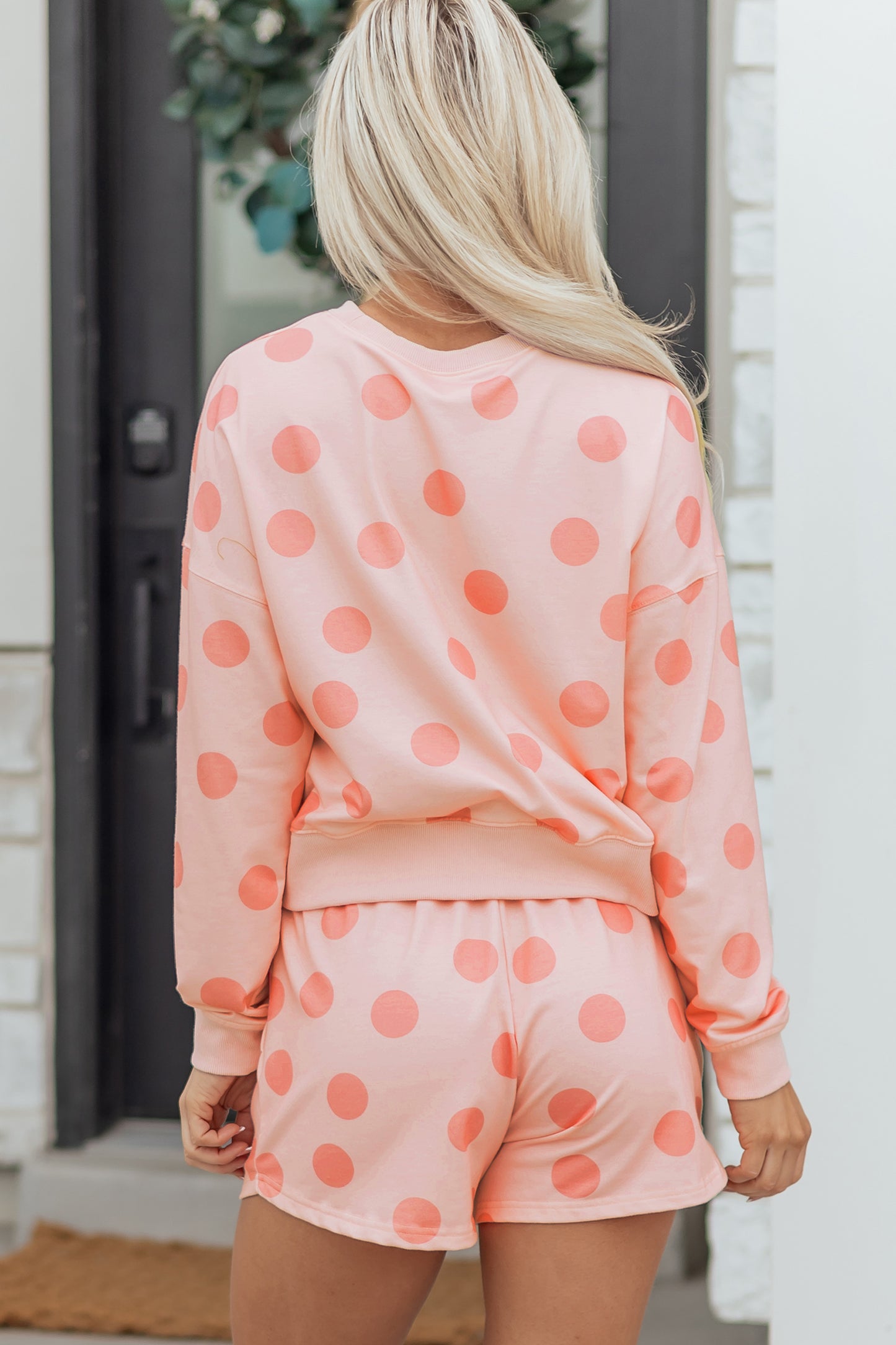Sky Blue Polka Dot Print Drop Shoulder Pullover Drawstring Shorts Set-Two Piece Sets/Short Sets-[Adult]-[Female]-2022 Online Blue Zone Planet