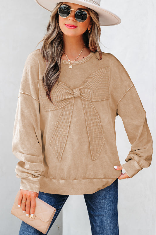Light French Beige Mineral Wash Big Bow Patchwork Pullover Sweatshirt-Tops/Sweatshirts & Hoodies-[Adult]-[Female]-2022 Online Blue Zone Planet