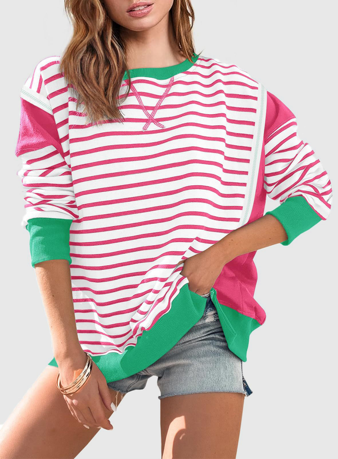 Slit Exposed Seam Striped Long Sleeve Sweatshirt-TOPS / DRESSES-[Adult]-[Female]-Turquoise-S-2022 Online Blue Zone Planet