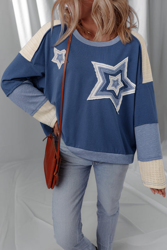 Dark Blue Contrast Knitted Colorblock Star Patchwork Oversize Long Sleeve Top-Tops/Long Sleeve Tops-[Adult]-[Female]-Dark Blue-S-2022 Online Blue Zone Planet