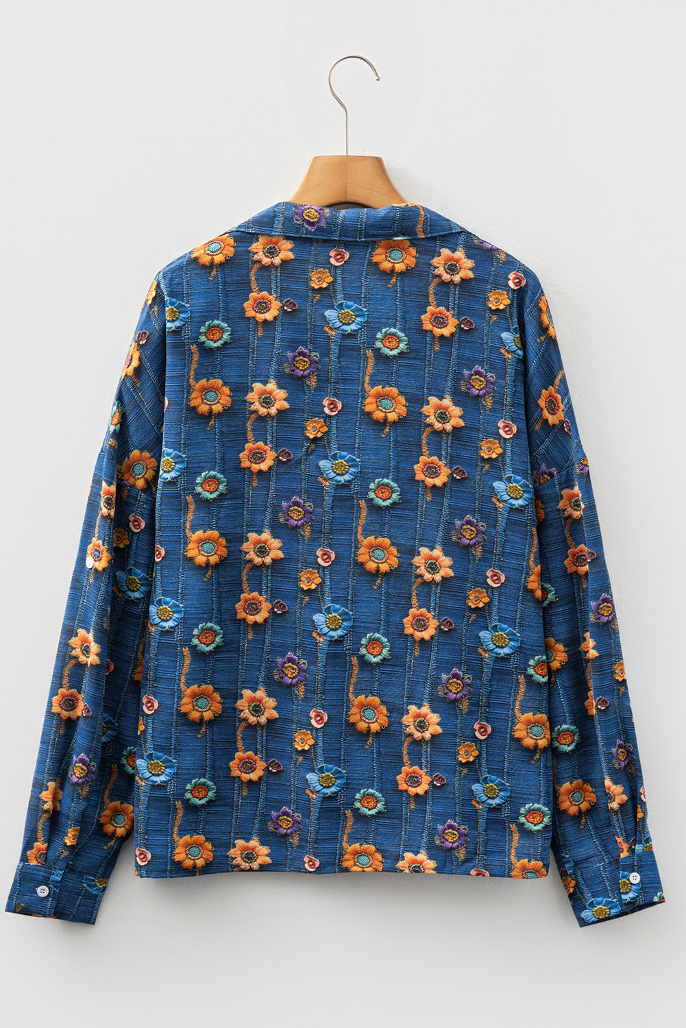 Blue Floral Collared V Neck Roll Up Sleeve Shift Blouse-Tops/Blouses & Shirts-[Adult]-[Female]-2022 Online Blue Zone Planet