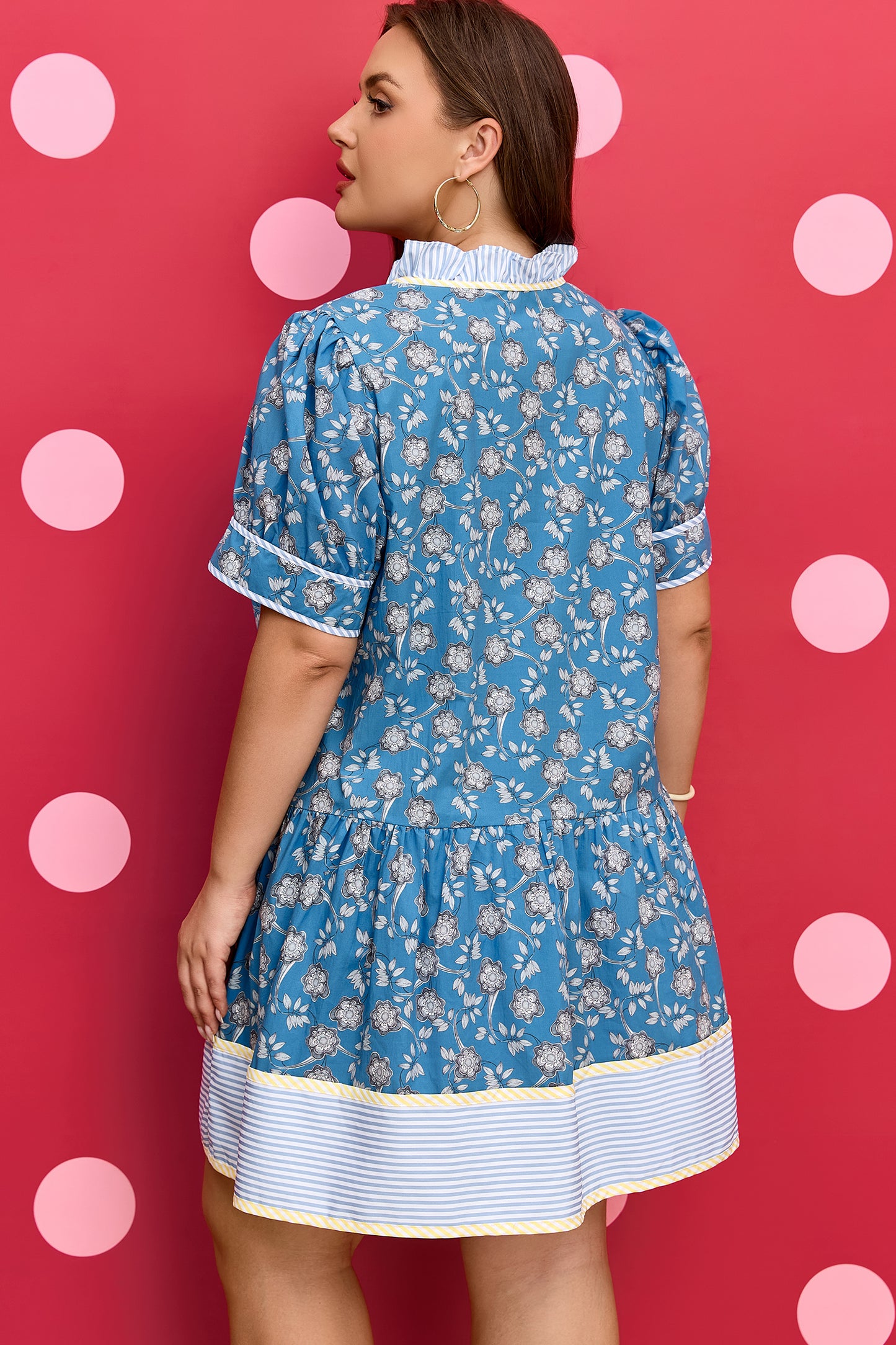 Blue Plus Size Floral Print Striped Patchwork Detail Button Front Ruffle Hem Dress-TOPS / DRESSES-[Adult]-[Female]-2022 Online Blue Zone Planet